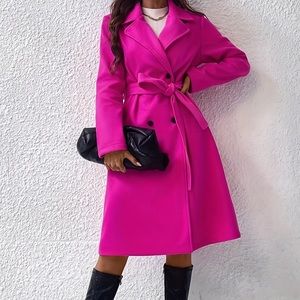 Solid Double Breasted Belted Coat, Color: Fuschia Size: XXL (14)